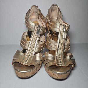 Women's Michael Kors Vintage Gold Leather Gladiator Pumps Cork Platform 8